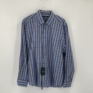 Z Zegna cotton button front plaid shirt long sleeve blue gray men new XXL 2XL